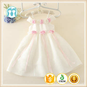 Crianças menina coreana vestido rosa e flor branca de algodão e vestido de menina de cetim